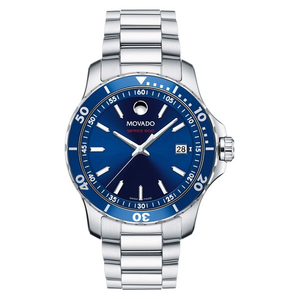Movado Series 800, 40 mm Performance Steel case and bracelet with blue-toned dial. 2600137.