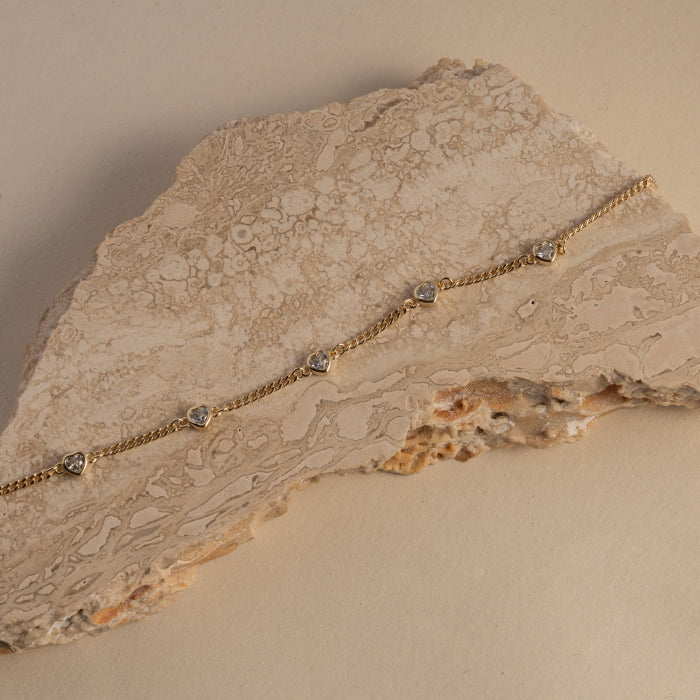 Sterling Silver Gold Vermeil 7.5" CZ Curb Chain Heart by the Yard Bracelet