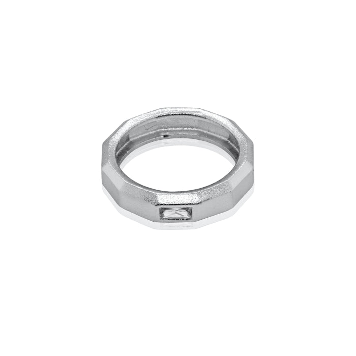 Sterling Silver Rhodium Plated Brushed Faceted Band Ring with Centre CZ Men's Ring
