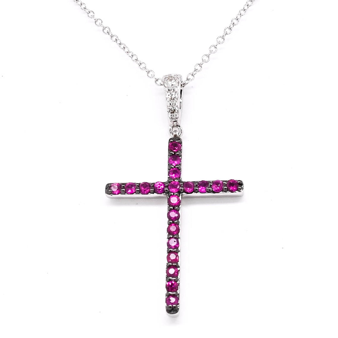 10KT White Gold 18" 0.20CTW Ruby and Diamond Cross Necklace.