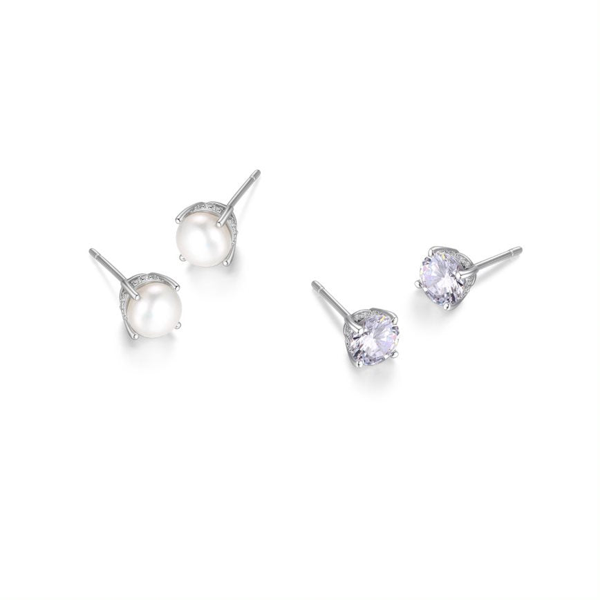 Sterling Silver 6.5MM C.Z Stud Earrings and 6-6.5MM Freshwater Pearl Stud Earrings with Black Travel Case.